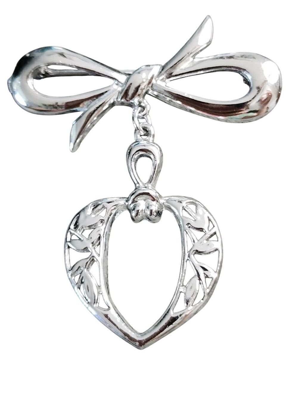 Silver Bow Heart Pendant Brooch